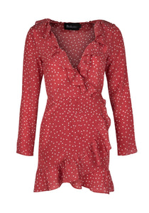 Star print red V-neck 100% silk mini wrap Dress