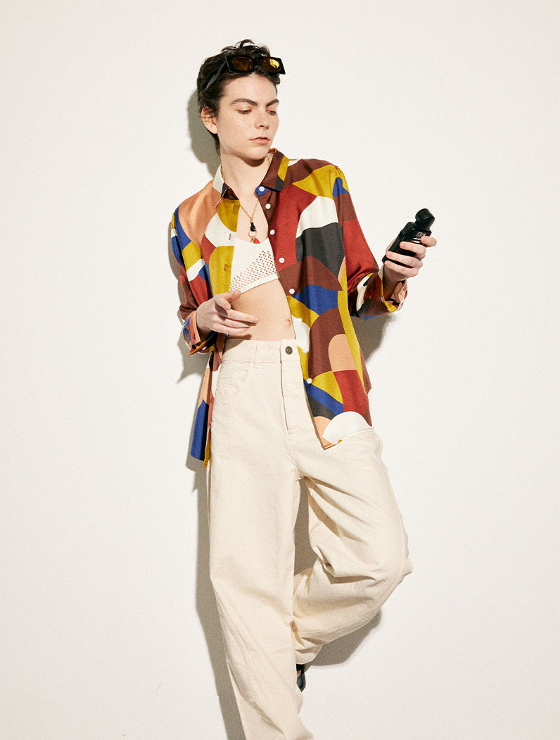 Women's long sleeves silk shirt in multi color print