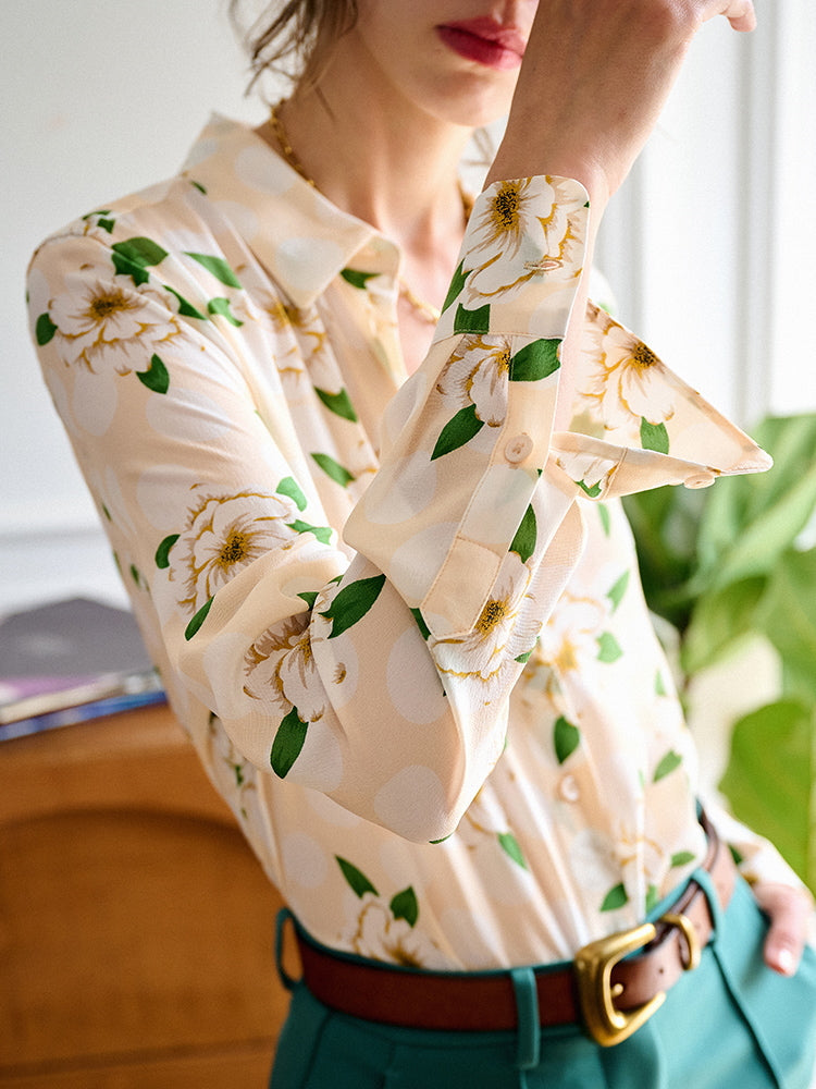 NoNothing |Women's 100% silk floral print long sleeves shirt