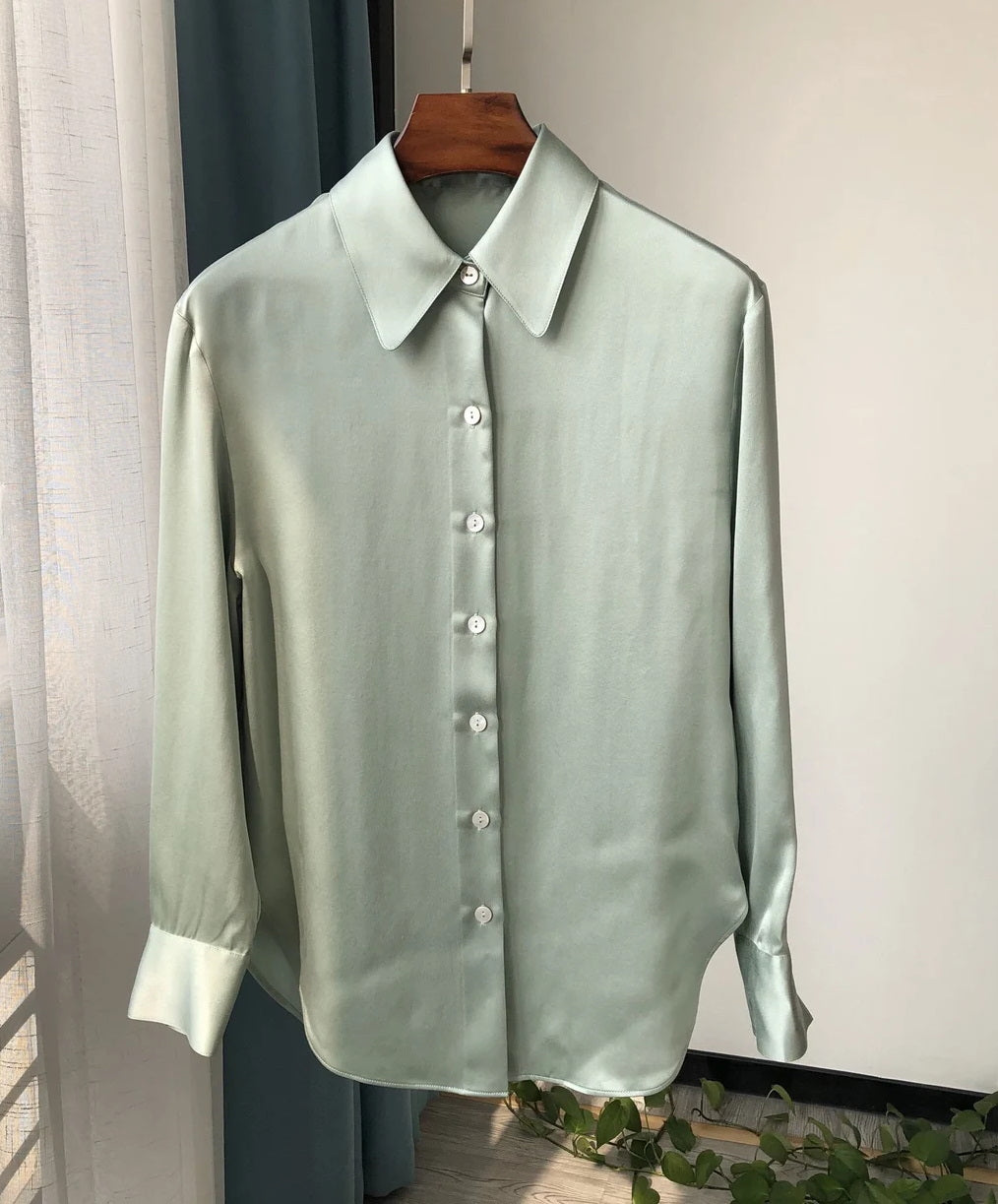 Nonothing|100% pure silk green long sleeves button down shirt