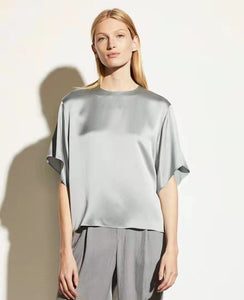 Nonothing | Luxurious pure silk crew neck short sleeves blouse in grey