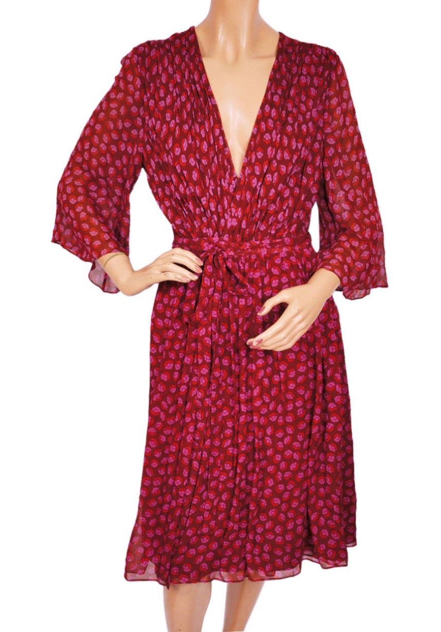 Red V-neck floral print 100% silk wrap dress