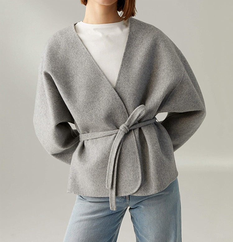 100% wool, cashmere blended  V-neck short women coat with belt .