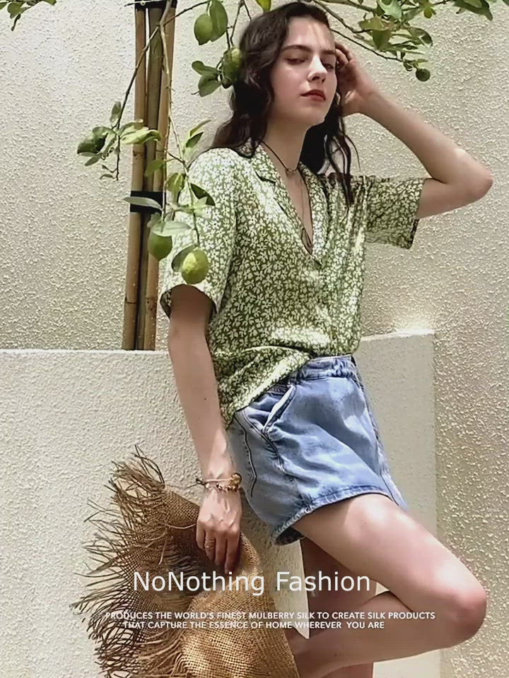 Nonothing| 100% pure silk short sleeves floral print blouse
