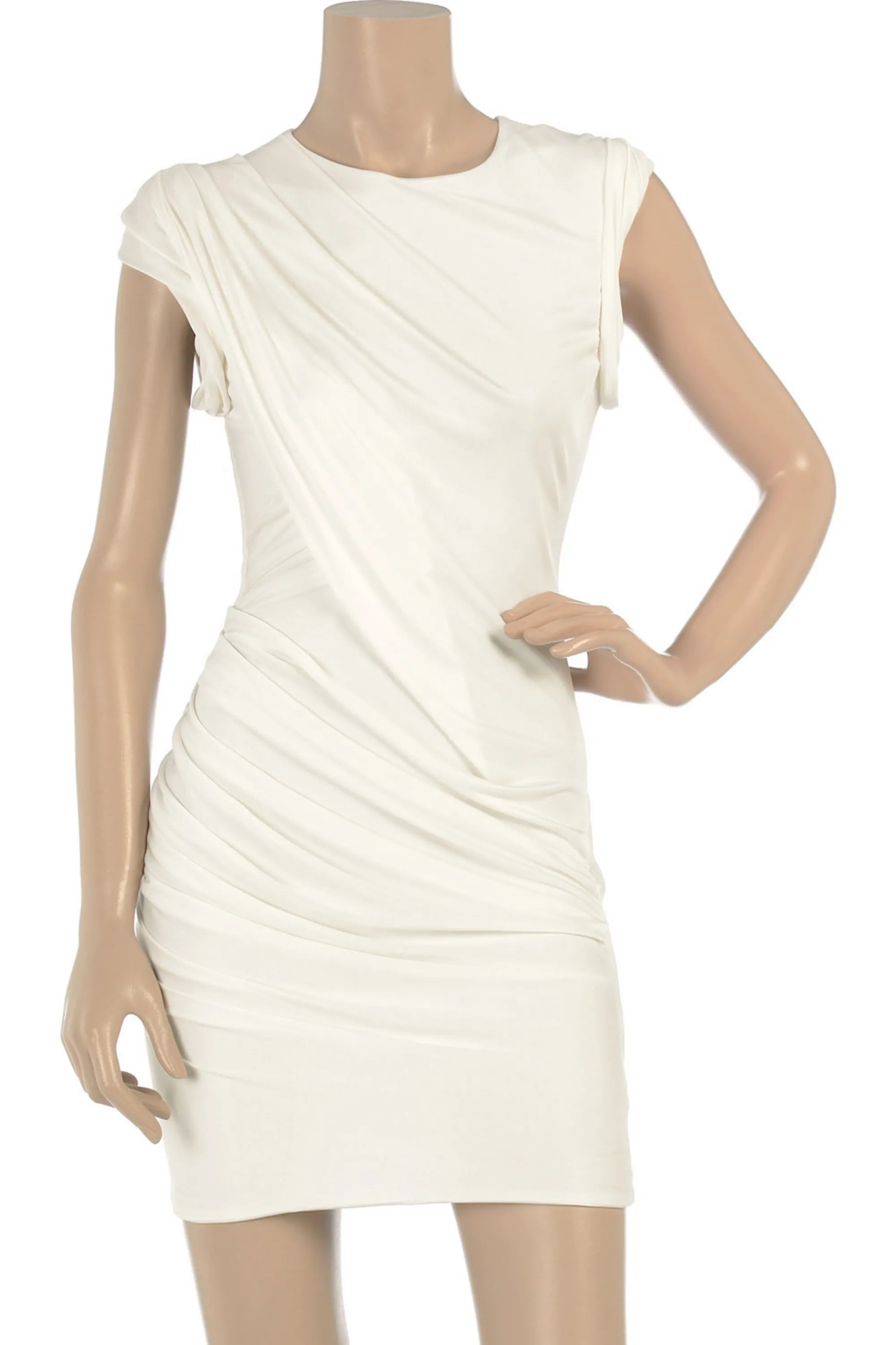 White draped  sleeveless ruched jersy bodycon mini  cocktail party dress