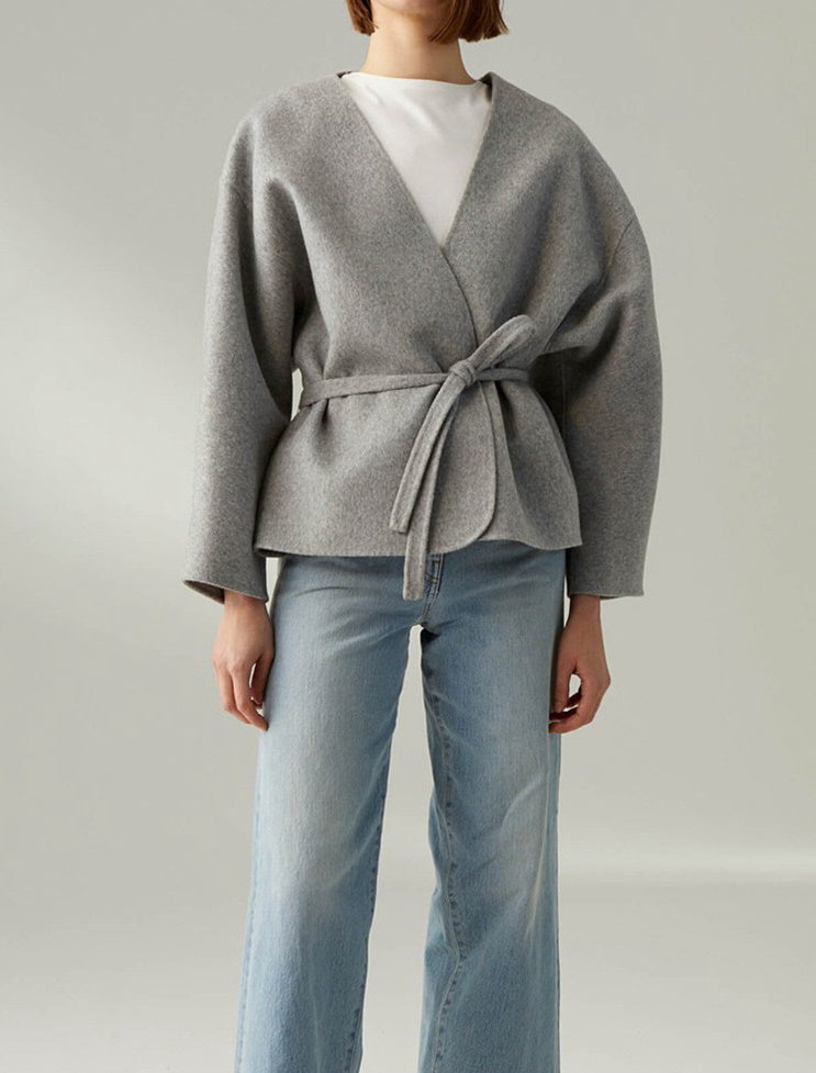 100% wool, cashmere blended  V-neck short women coat with belt .