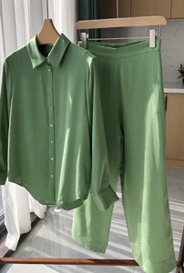 Nonothing |  Pure silk shirt & Pants set in green