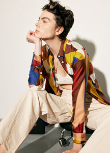 Women's long sleeves silk shirt in multi color print