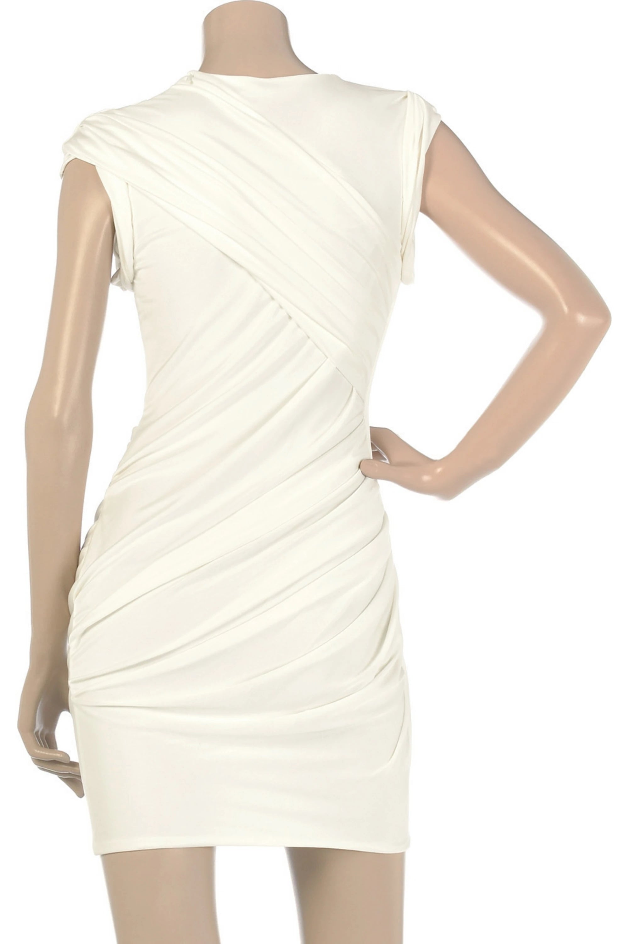 White draped  sleeveless ruched jersy bodycon mini  cocktail party dress