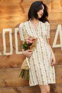 Women floral print v neck mini wrap dress