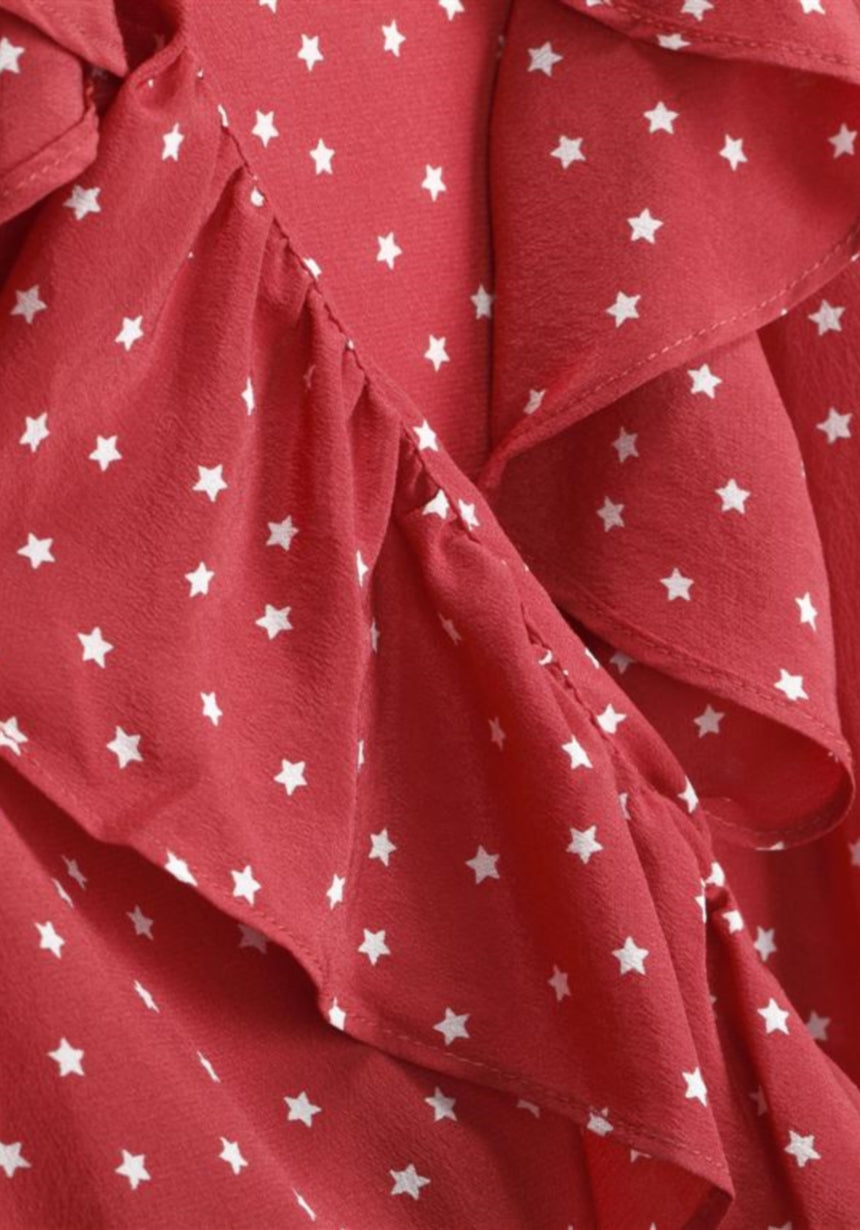 Star print red V-neck 100% silk mini wrap Dress