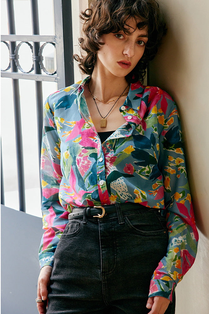 Nonothing|Women's silk & cotton blend long sleeves shirt in floral print